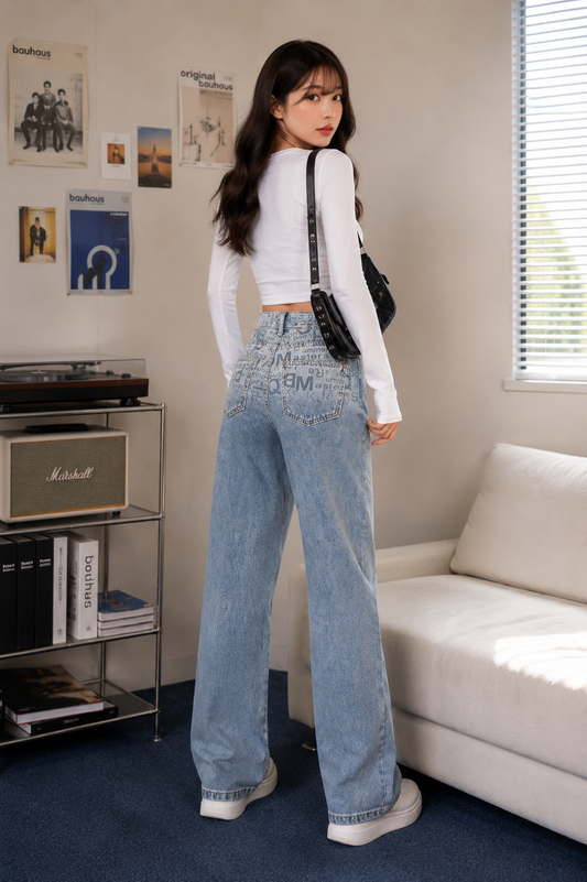 Rhinestone & Typography Monogram Wide-Leg Jeans