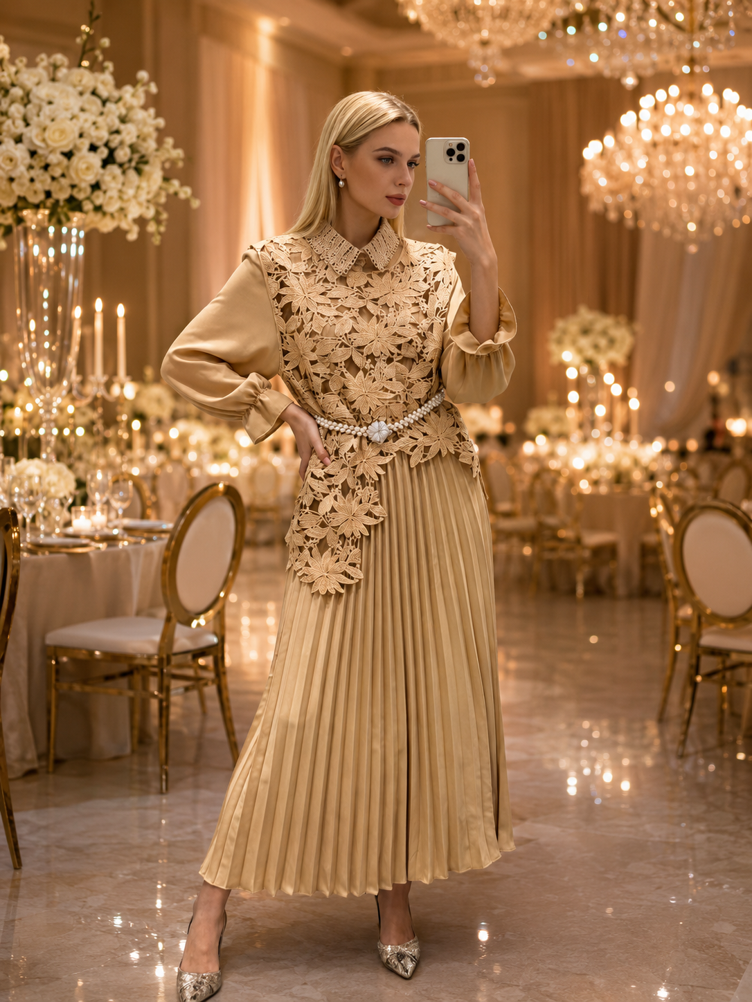 Floral Guipure Lace Overlay Pleated Co-Ord Set