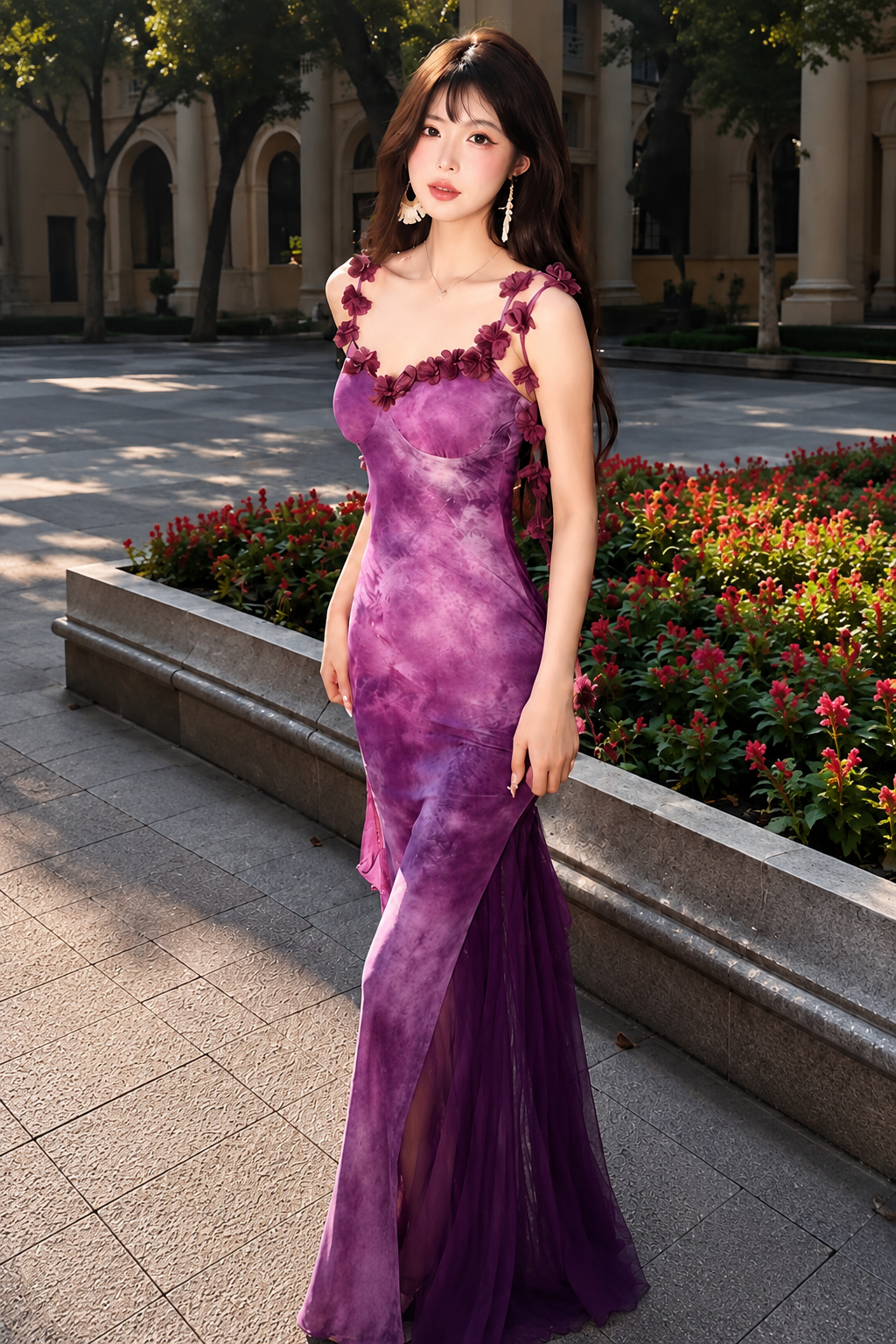 3D Floral Appliqué Watercolor Mermaid Maxi Dress