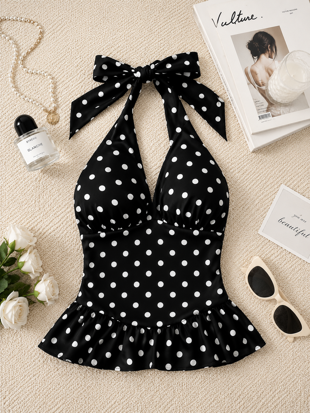 Retro Polka Dot Plunging Halter Peplum Top