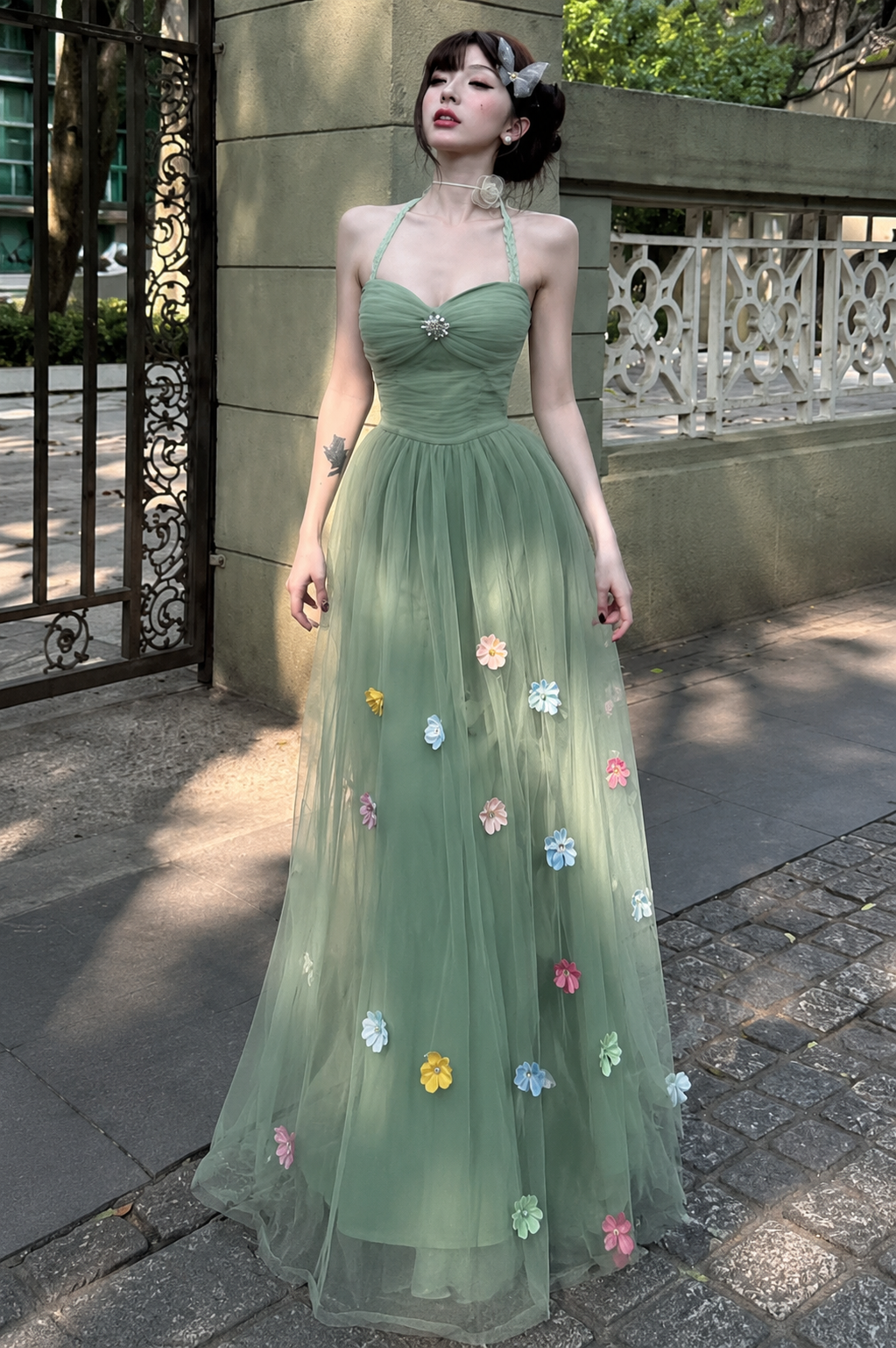 3D Floral Applique Mesh Halter Maxi Dress