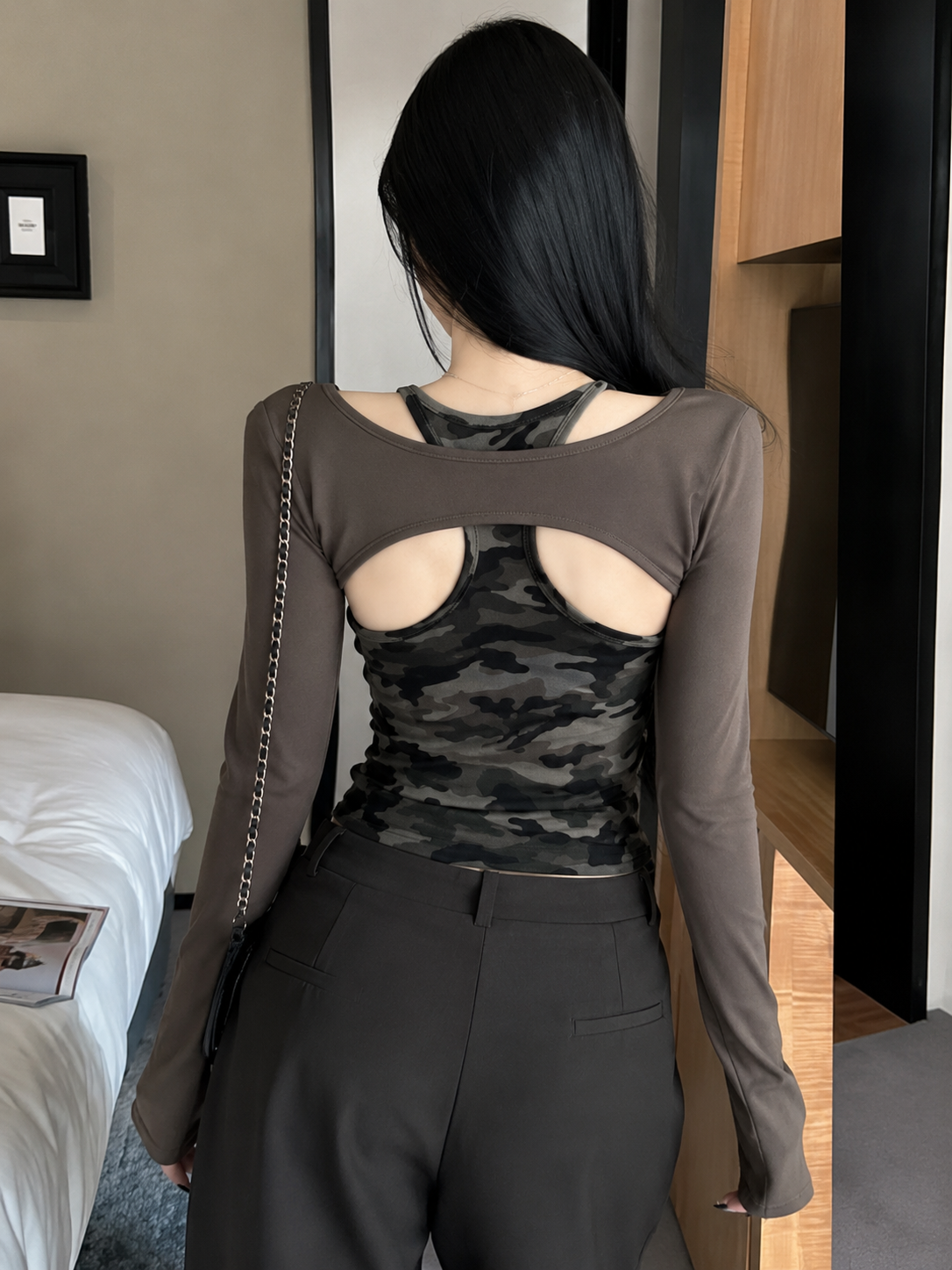 Two-Piece Camouflage Tank & Cutout Long-Sleeve Set