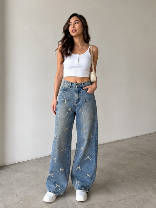 Embroidered Bow Wide-Leg Jeans