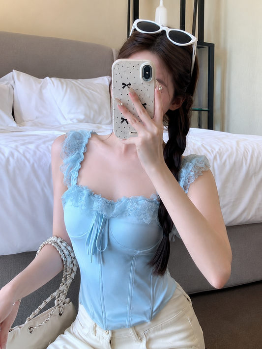 Lace-Trim Ruffled Bustier Top