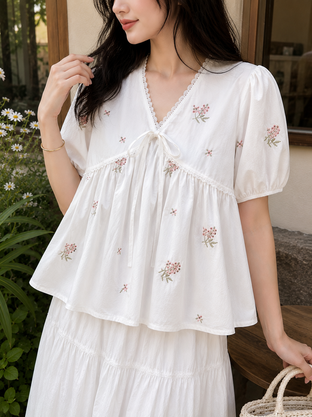 Floral Embroidered Tie-Front Babydoll Top