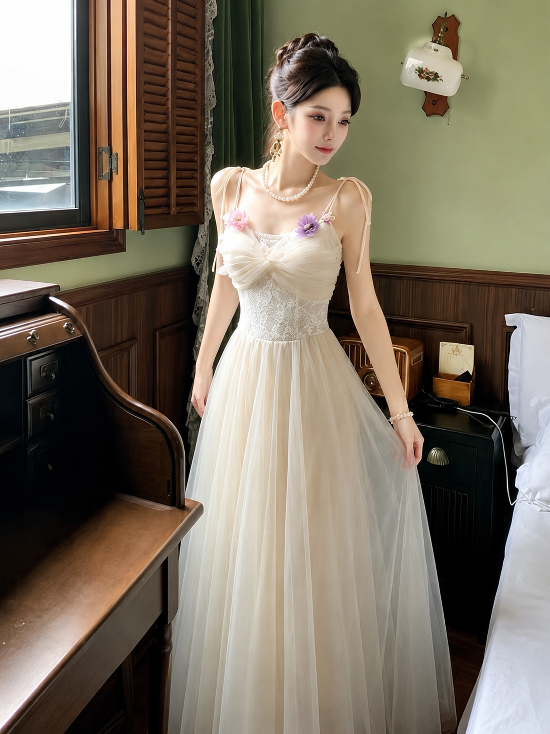 Floral Applique Mesh Layered Maxi Dress