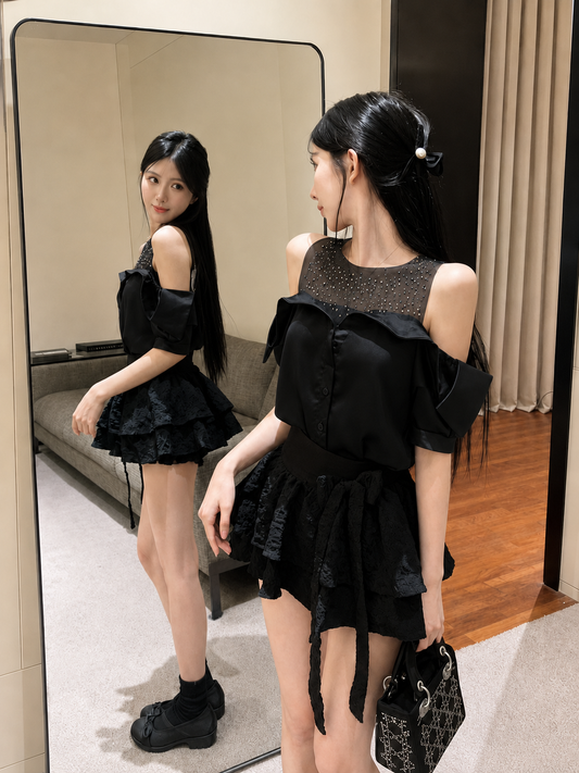 Rhinestone Mesh Panel Cold-Shoulder