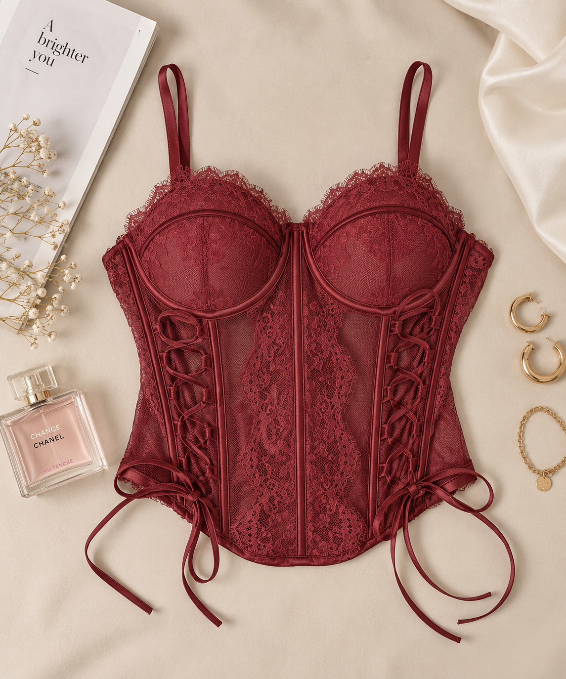 Lace-Up Front Sheer Lace Basque Corset Top