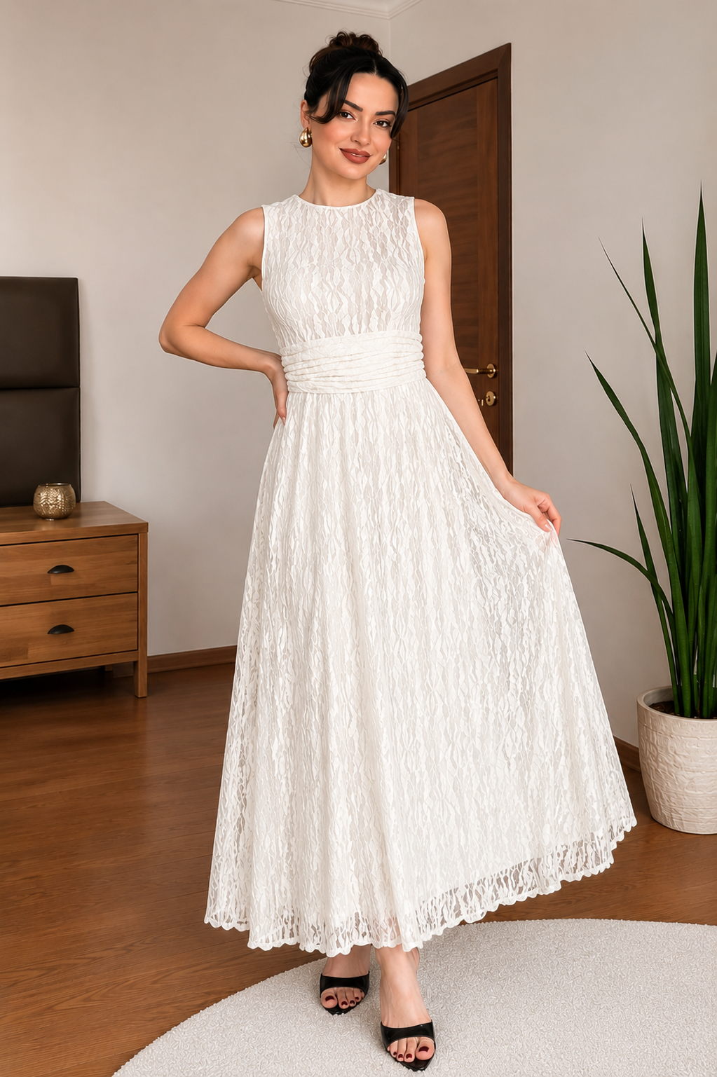 Ruched Cummerbund Lace Maxi Dress