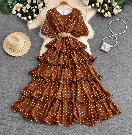 Polka Dot Tiered Ruffle Maxi Dress with Woven Belt