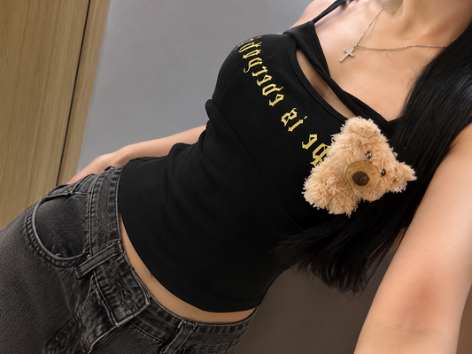Plush Teddy Bear Accent Gothic Graphic Padded Top