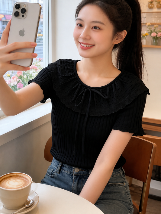 Korean Ruffle-Collar Knitted Tee