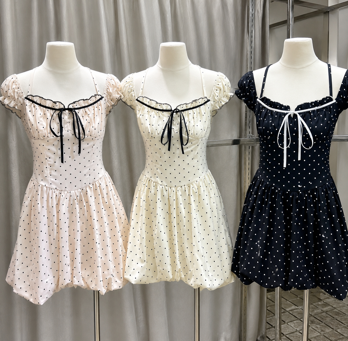 Polka Dot Puff-Sleeve Bubble Hem Mini Dress