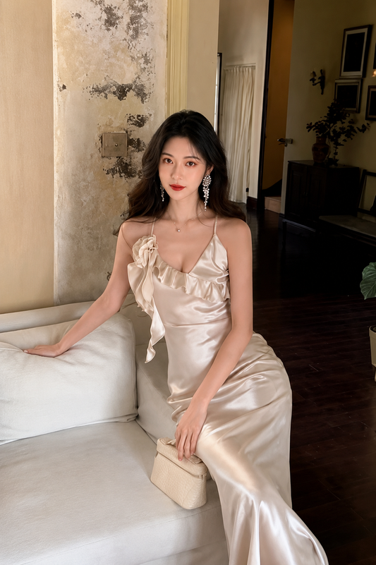 Asymmetric Ruffle Rosette Satin Maxi Gown