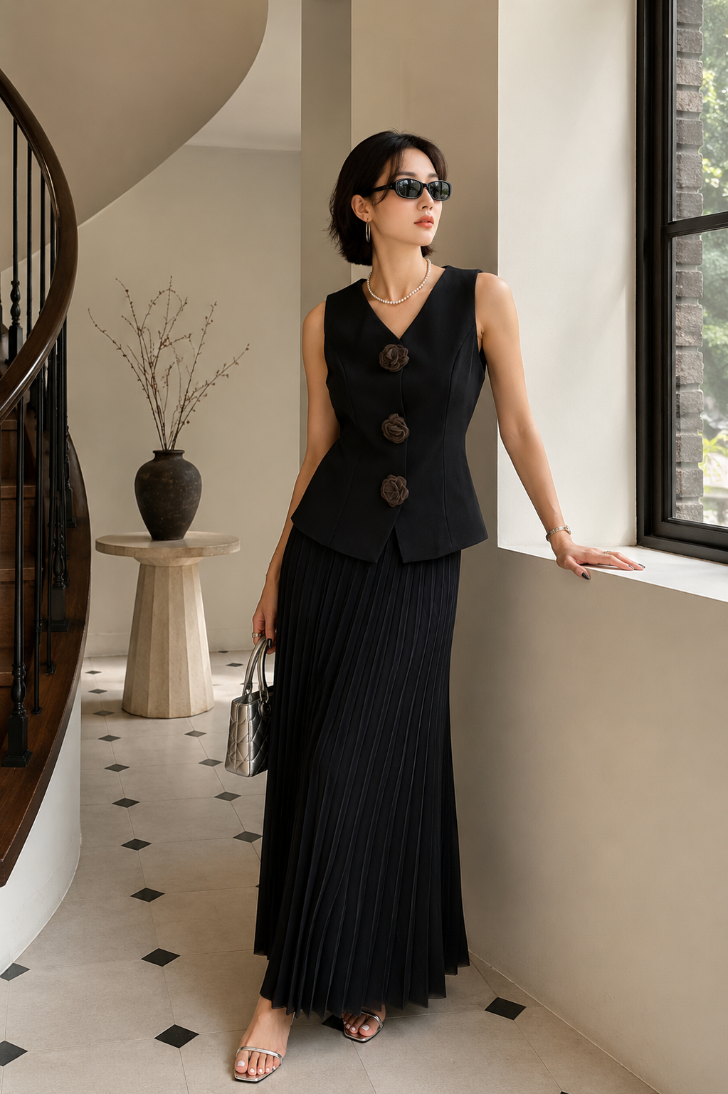 3D Rosette Button Tailored Waistcoat and Pleated Maxi Skirt Set