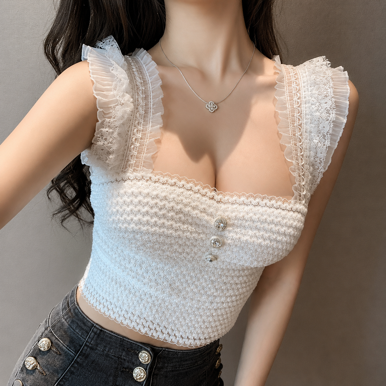 Smocked Lace Ruffle Trim Camisole Top