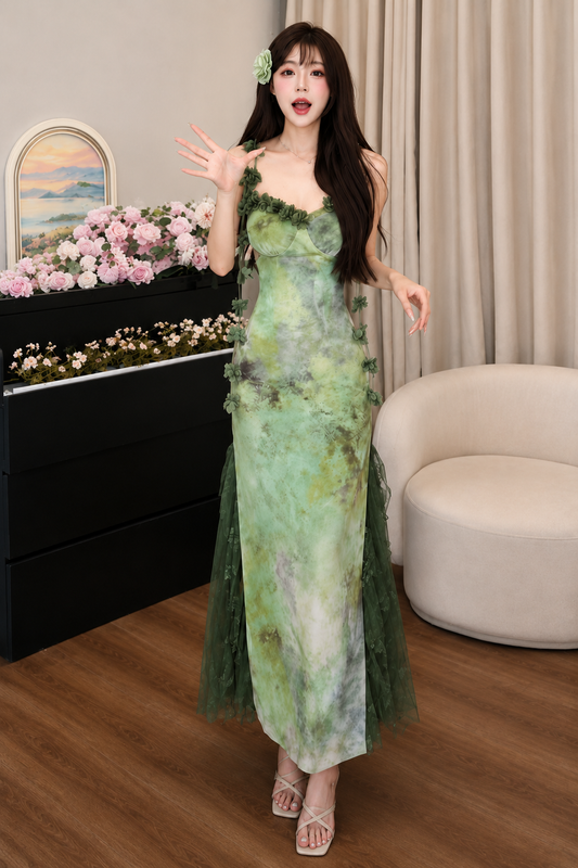 3D Floral Appliqué Watercolor Mermaid Maxi Dress