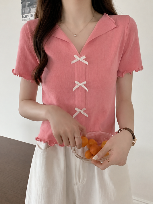 Ribbon Bow Knitted Short-Sleeve Top