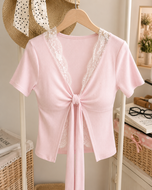 Lace-Trim Tie-Front Short Sleeve Top