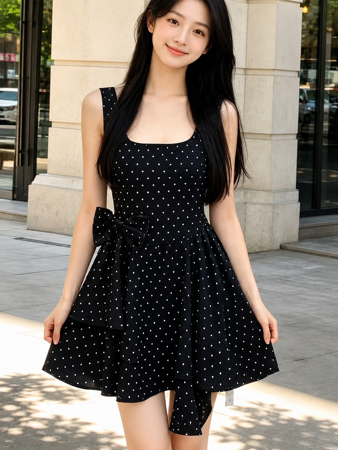 Polka Dot Bow Accent Tiered Mini Padded Dress