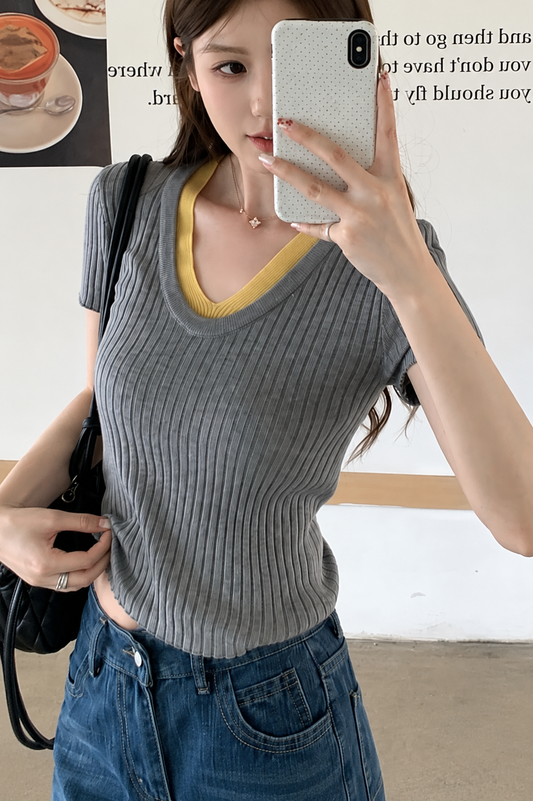 Faux Ribbed V-Neck Knit Tee