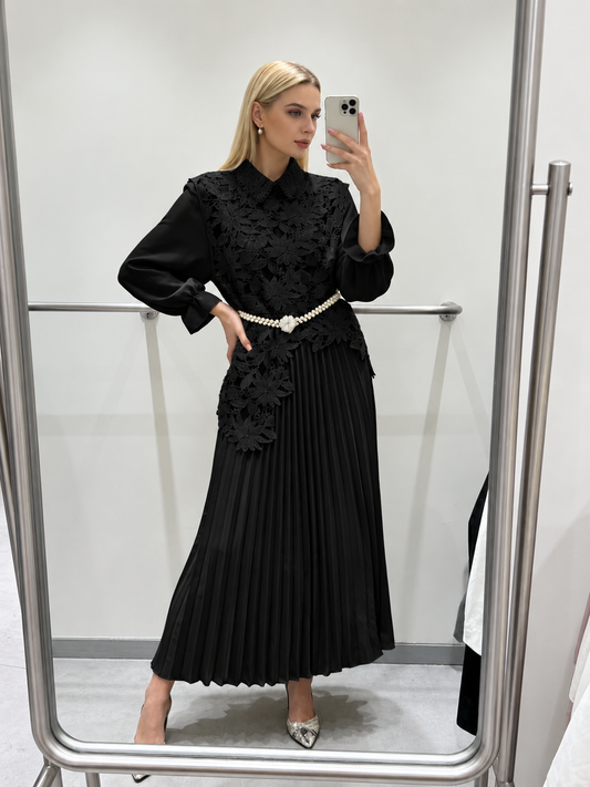 Floral Guipure Lace Overlay Pleated Co-Ord Set