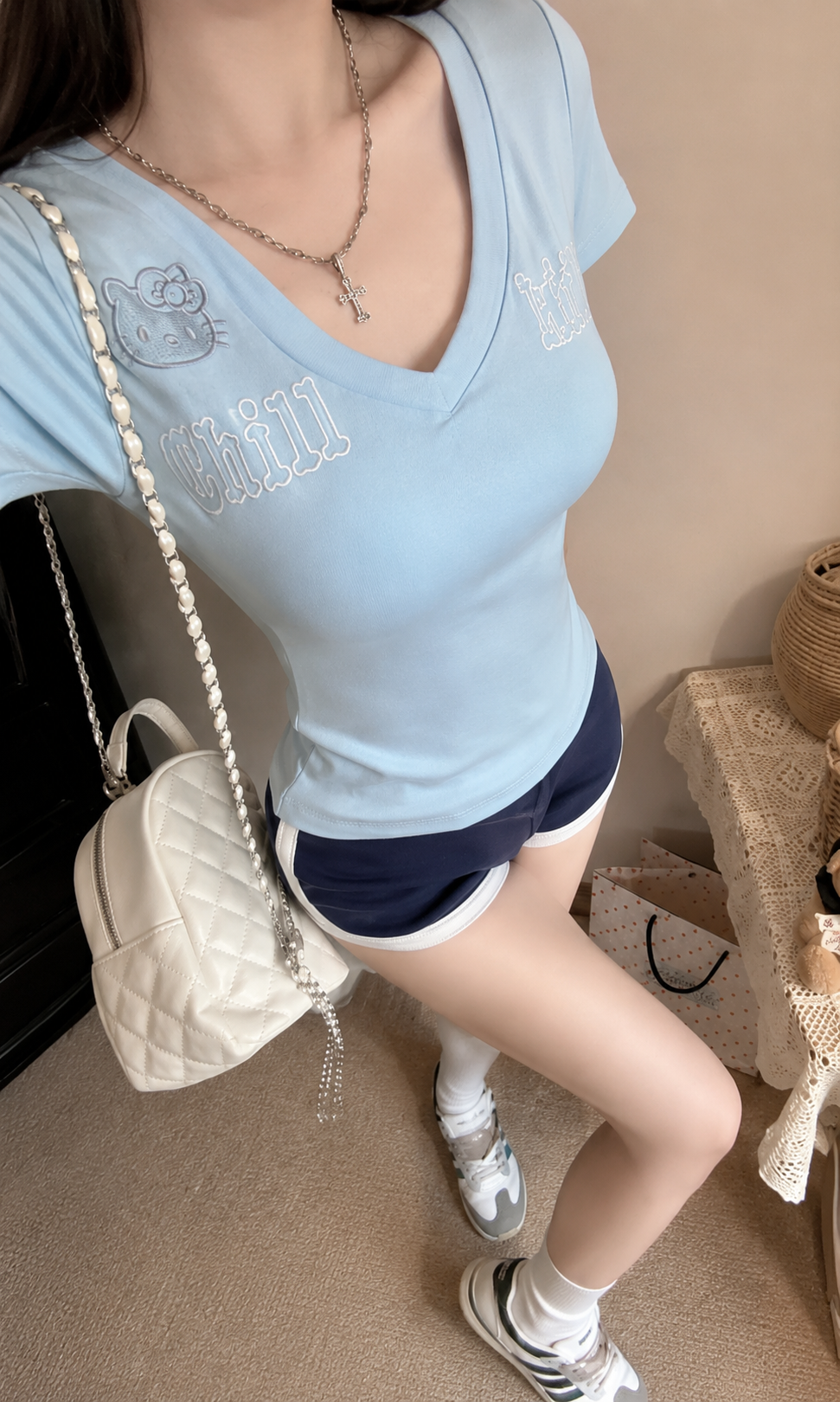Embroidered V-Neck Padded Tee