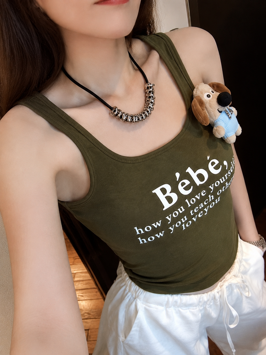 Plush Dog Charm Graphic Scoop-Neck Padded Tank Top