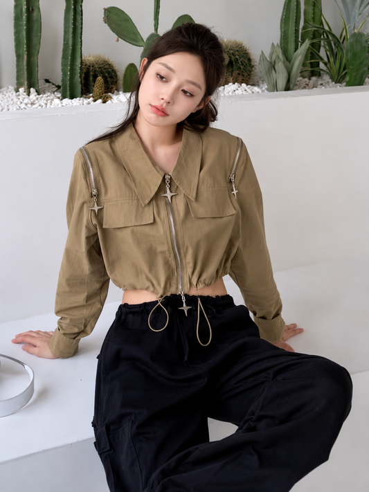 Convertible Shoulder-Zipper Cropped Cargo Jacket