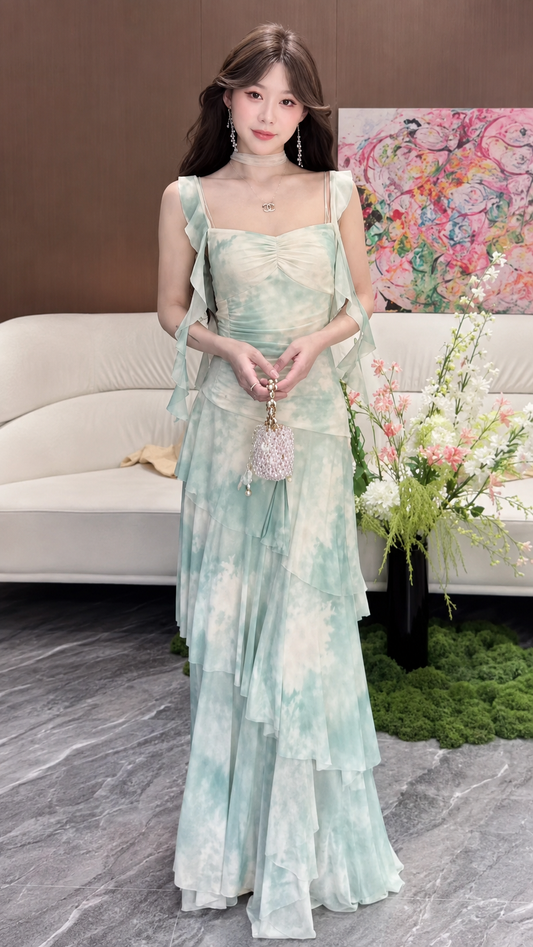 Floral Power Net Ruffled Asymmetrical Maxi Dress
