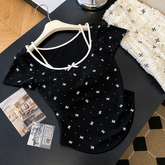 Layered Bow-Print Cami Crop Padded Top