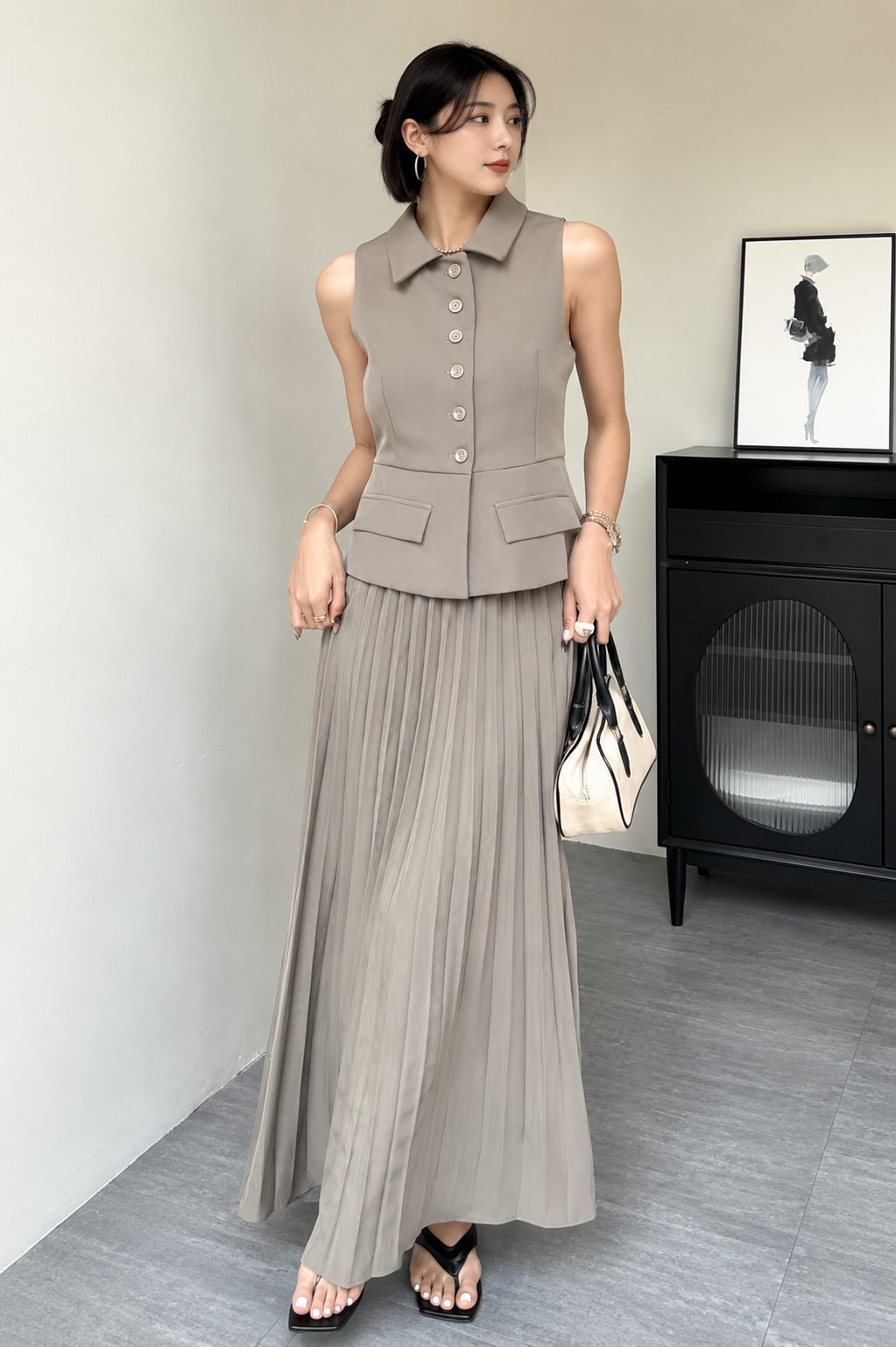 Tailored Collared Waistcoat and Pleated Maxi Skirt Set