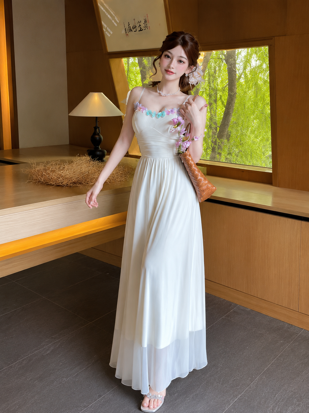 Butterfly Trim Layered Net Maxi Dress