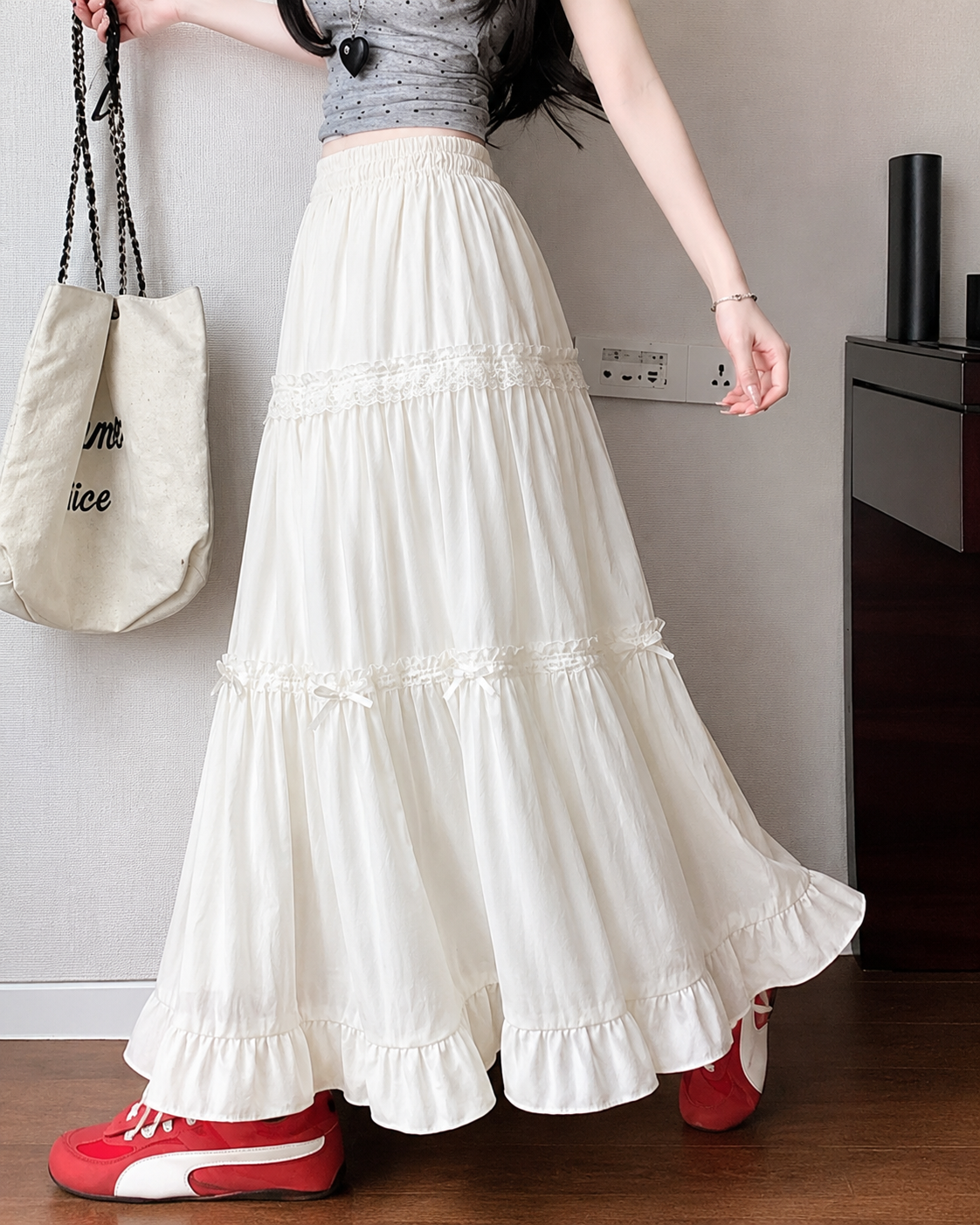 Lace-Trim Tiered Bow Maxi Skirt