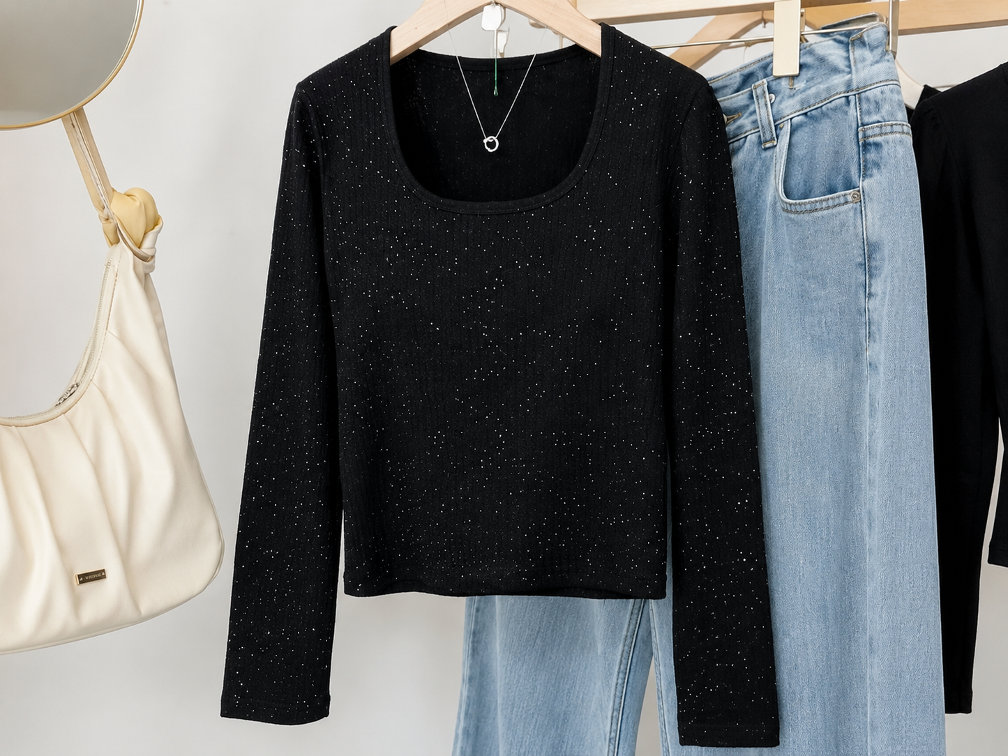 Shimmer & Pointelle Scoop Neck Long-Sleeve Top