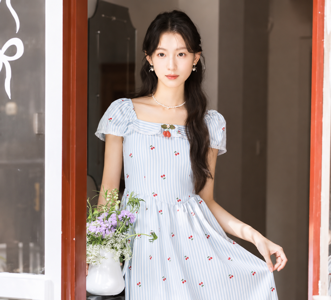 Cherry Ruffle Puff-Sleeve Dress