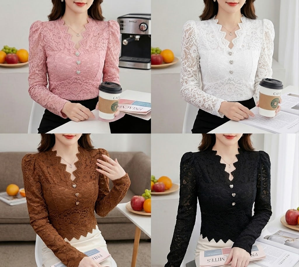 Scalloped V-Neck Lace Blouse