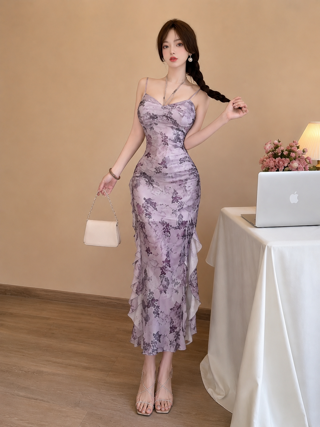 Ruched Mesh Asymmetric Ruffle Maxi Dress