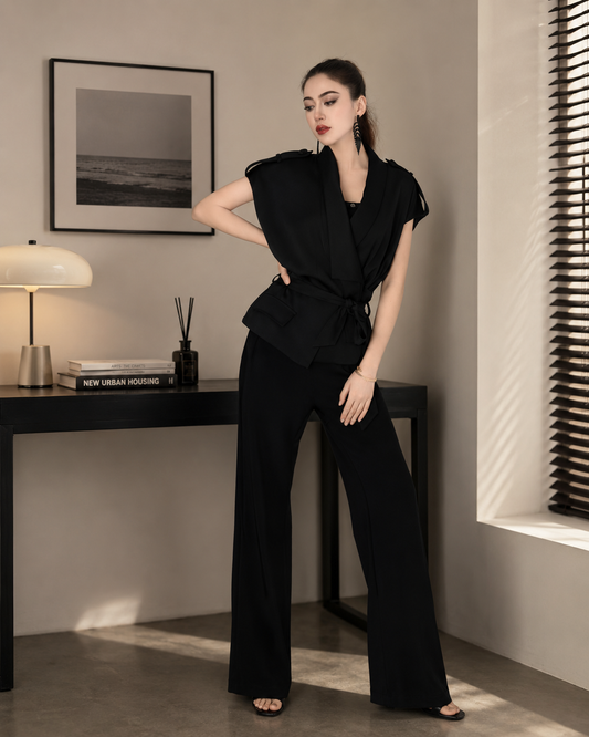 Belted Draped Vest and Wide-Leg Trousers Set
