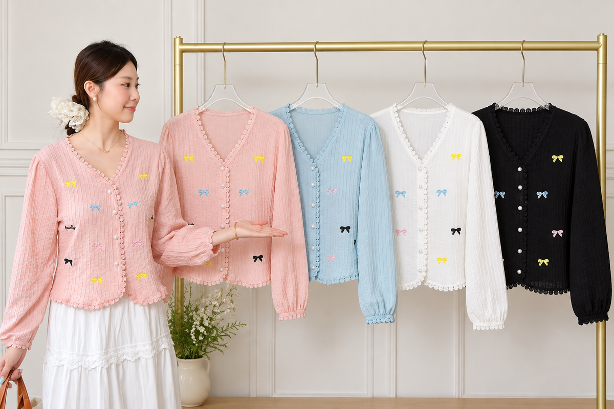 Embroidered Bow Pearl-Button Top