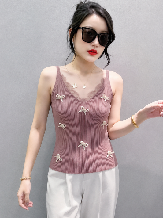 Multi-Bow Lace-Trim Ribbed Knit Cami