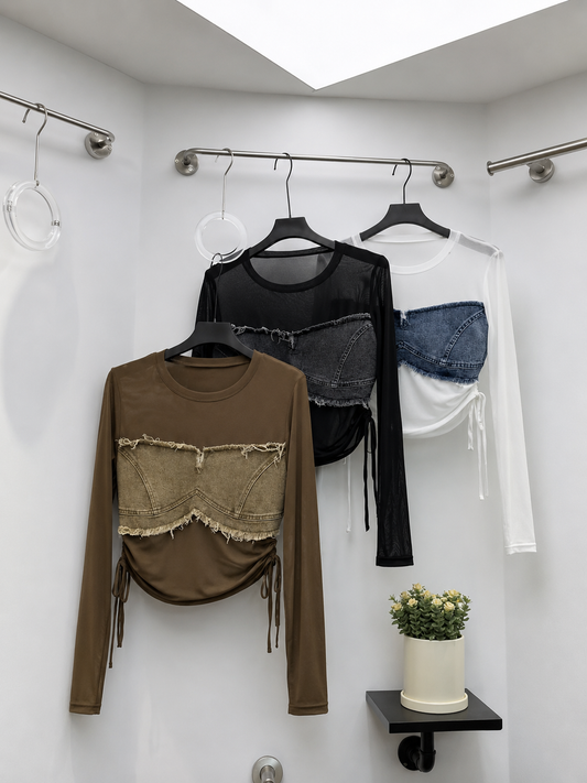 Layered Denim Bustier Mesh Long-Sleeve Top