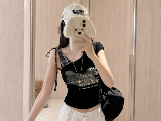 Asymmetrical Plaid Panel Graphic Tie-Strap Padded Top