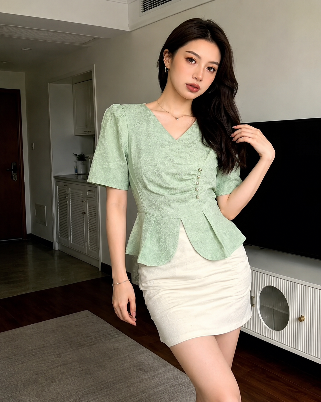 V-Neck Ruched Jacquard Peplum Top
