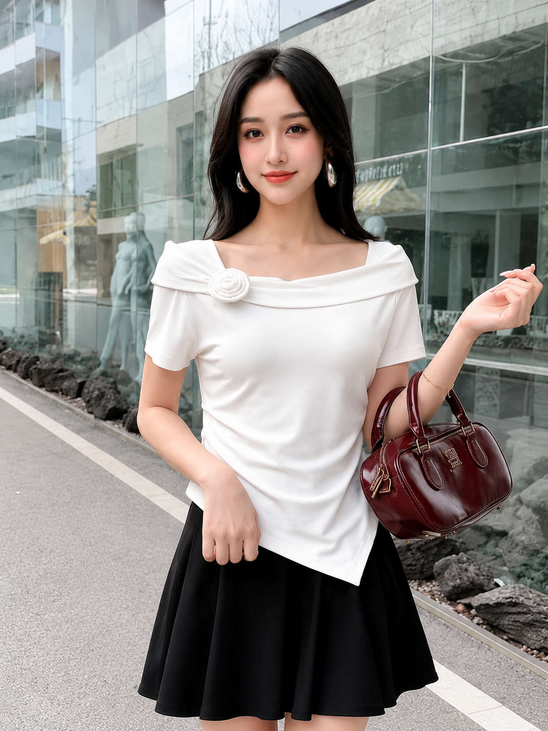 3D Rosette Detail Asymmetric Hem Top