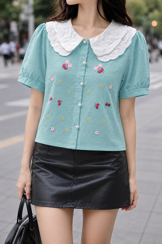 Cherry Embroidered Double Lace Collar