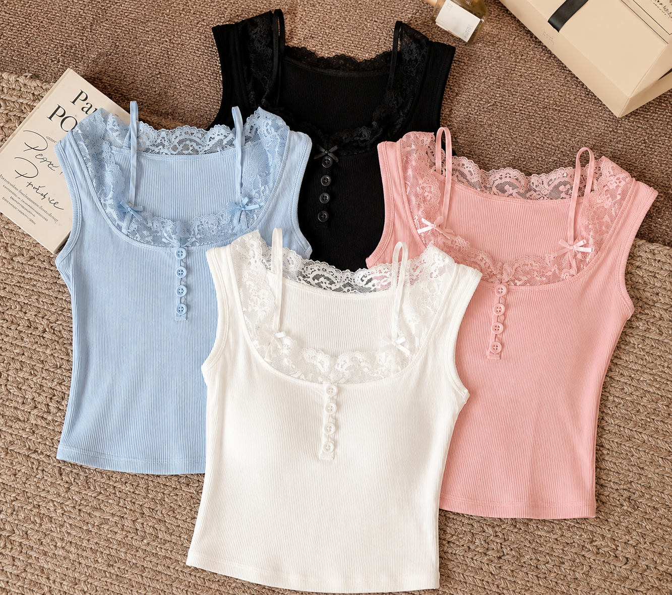 Lace Trim Henley Illusion Tank Top