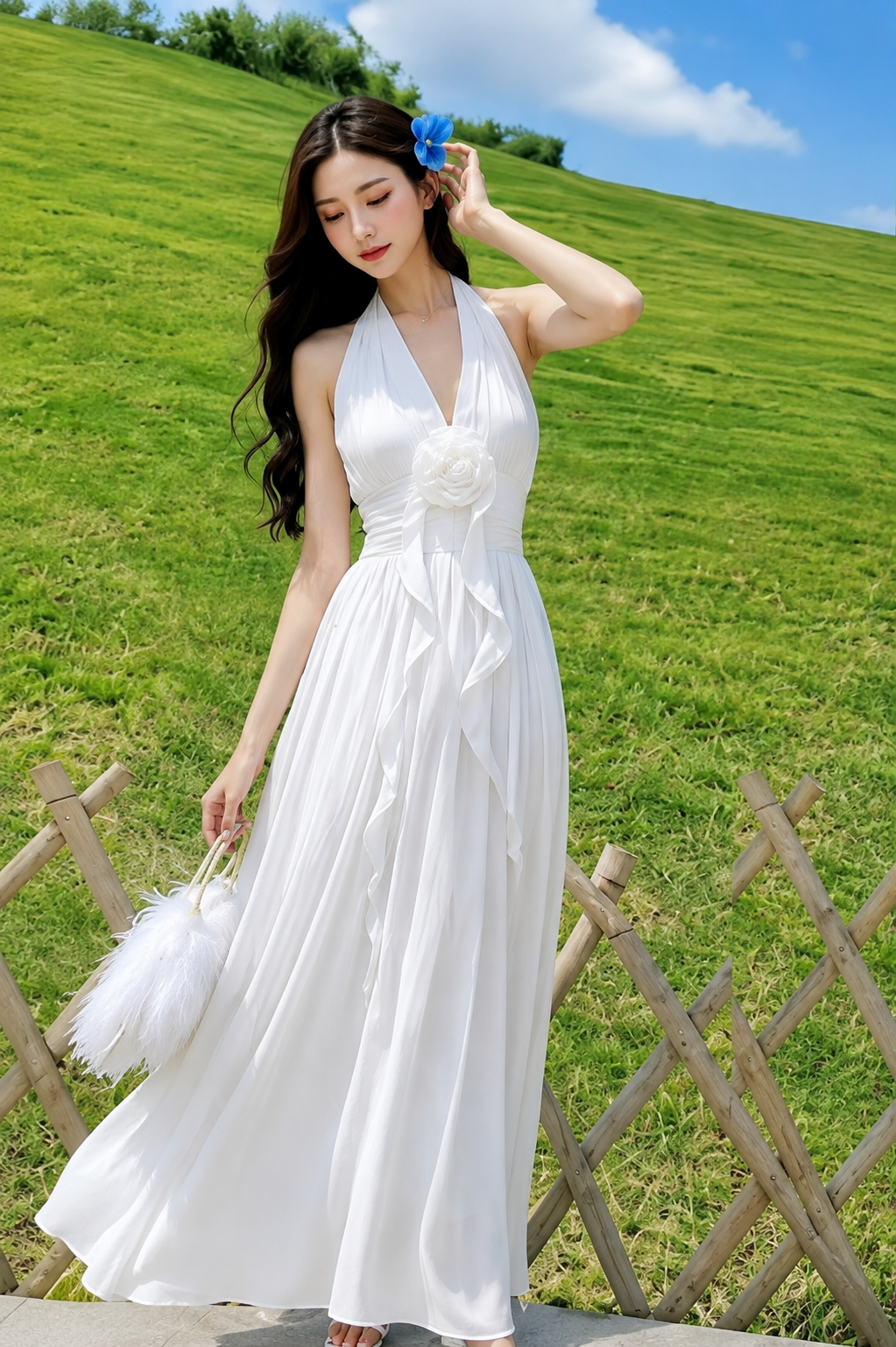 3D Rosette Halter Pleated Cotton Maxi Dress