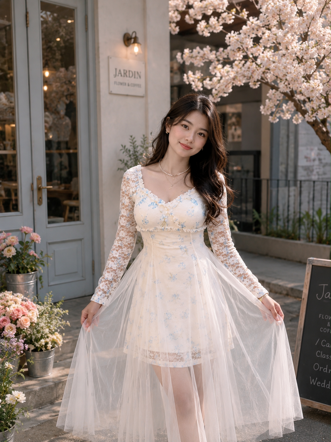 Floral Lace Pearl-Trim Gown with Tulle Overlay Skirt