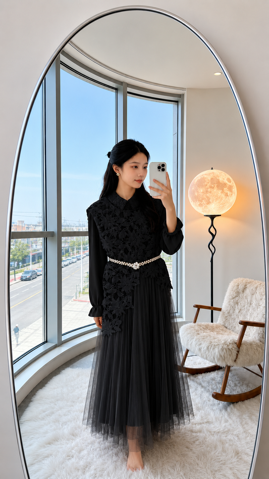 Floral Guipure Lace Overlay Pleated Co-Ord Set